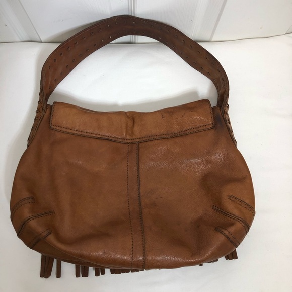 Gianni Bini Brown Leather Vintage Studded Hobo Magnetic Closure Fringe Bag Purse - Picture 16 of 16